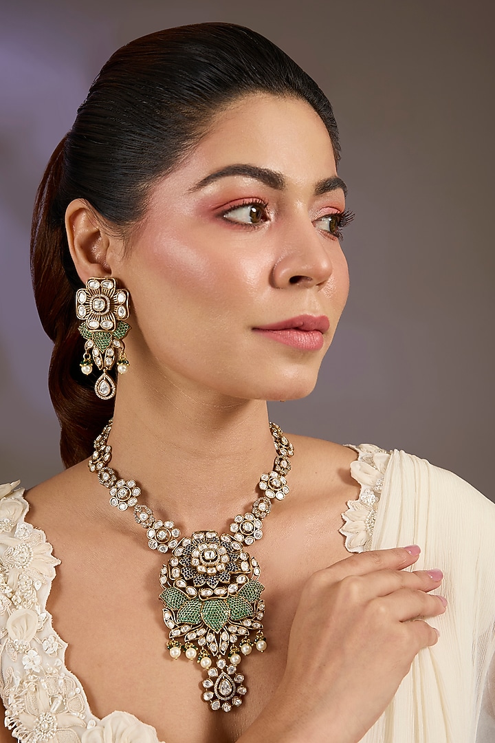 Gold Finish Kundan Polki & Pearl Drop Necklace Set by Vivinia By Vidhi Mehra at Pernia's Pop Up Shop